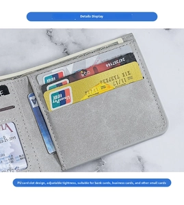 Detailed macro view of gray matte cardholder slots and clear ID window on thin wallet