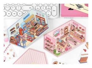 Detail of 3D miniature shop stickers featuring supermarket and bakery themes for DIY crafts