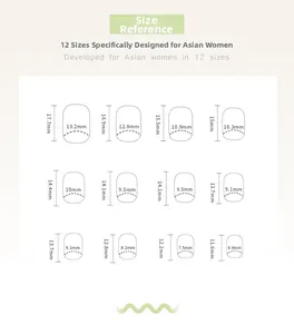Size chart showing 12 precise dimensions of luxury heart green diamond press-on nails