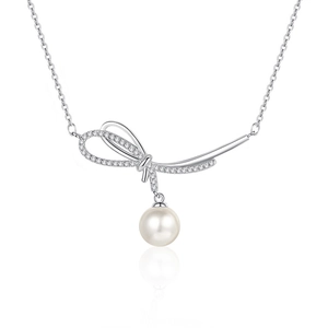 925 silver bow necklace featuring shimmering cubic zirconia and a white pearl pendant