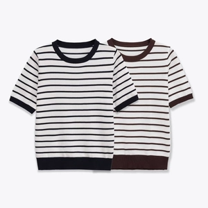 Damen Gestreiftes Strickoberteil Kurzarm Rundhals Polyester Lässig Retro Leicht Weich Slim Pullover