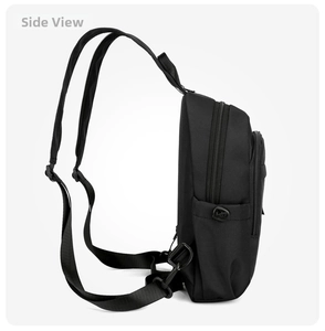 Side detail view of the black nylon convertible chest bag, showing strap and zipper.