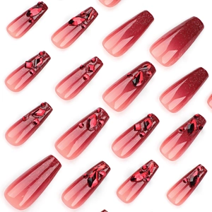 Sparkly burgundy gradient coffin fake nails set with rhinestones for Halloween