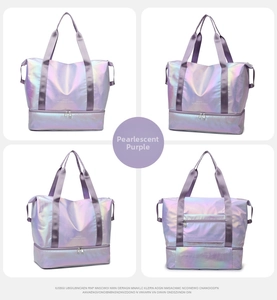 Macro details of purple pearlescent travel bag with dry-wet separation compartment