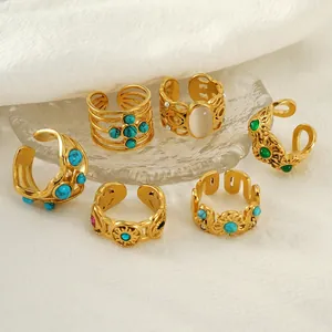 Vintage Stainless Steel Open Adjustable Ring For Women Men 18K Gold Plated Inlaid Malachite Turquoise Rhinestone Finger Jewelry