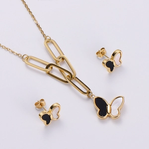 Fashion butterfly shell jewelry set with gold paperclip chain necklace and stud earrings