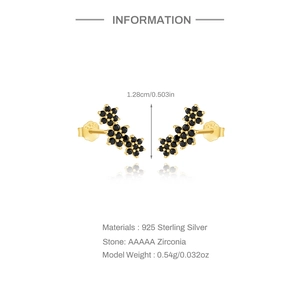 Detailed view of S925 sterling silver flower stud earrings with black zircon and dimensions
