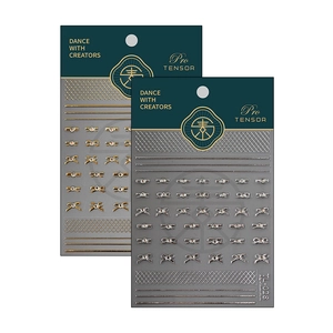 Golden and silver 5D thin nail art stickers featuring geometric lines and bow patterns