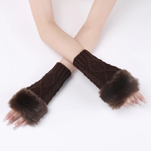 Close-up of deep brown cable-knit arm warmers with plush faux fur trim on wrists