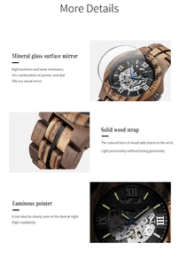 Detail view of the mineral glass, natural wood strap and luminous hands of the mechanical watch