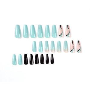 Long coffin press on nails featuring blue, black, and mint green wavy patterns