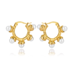 Exaggerated 18K gold plated stainless steel hoop earrings with pearls and irregular texture