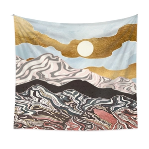 Detailed texture of an abstract mountain tapestry with metallic gold and pink fluid patterns