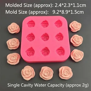 Macro detail of pink 9-cavity rose silicone mold with finished resin flower measurements