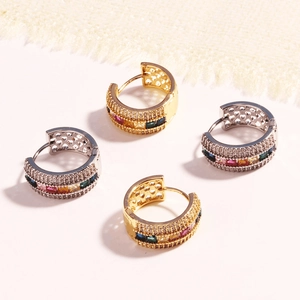 Colorful Square Zircon Hoop Earrings Brass 18K Gold Plated Heart Cutout Minimalist Geometric Fashion Jewelry For Women