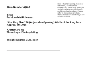 Detailed size specifications for adjustable enamel square ring with 10.5mm width and size 17#