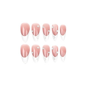 Long almond French tip press-on nails in nude pink with rhinestone accents