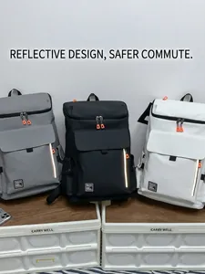 Three large capacity fitness backpacks in grey black and white with reflective safety strips