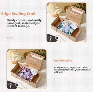 Floral gift box set with matching paper tote bag and greeting card in blue and purple