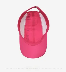 Detailed interior of rose red quick-dry sports cap showing breathable mesh and adjustable buckle