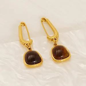 Orecchini Pendenti Forma Spilla Da Balia Placcati Oro 18k Acciaio Inossidabile 304 Con Pietra Naturale Ambra Quadrata Per Donna