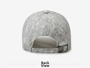 Detail view of the vintage grey baseball cap with adjustable metal buckle and strap