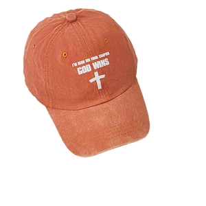Vintage orange washed cotton baseball cap featuring God Wins letter print for men and women