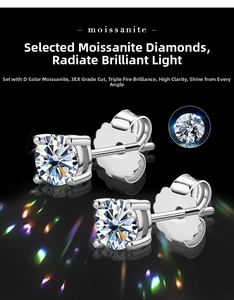 Detail of four-prong moissanite stud earring with D color 3EX cut stone in 925 silver