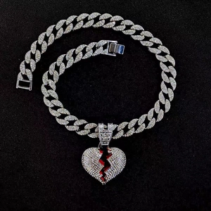 Hip Hop Broken Heart Pendant Necklace Zinc Alloy Rhinestone Cuban Link Chain Streetwear Jewelry For Men Women