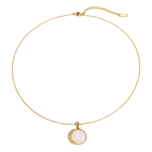 18K gold stainless steel necklace with mother of pearl crescent moon diamond pendant