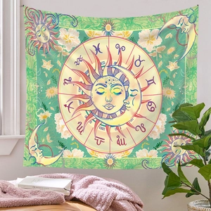 Detailed tarot tapestry showing the bohemian sun and moon design with zodiac symbols