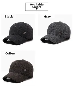 Detail of wool baseball caps in black, grey, and coffee colors with SR metal emblem