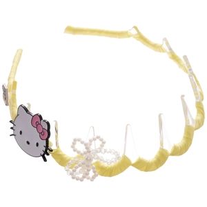 Cute yellow fabric wave headband with cartoon cat and white beaded bow accessory