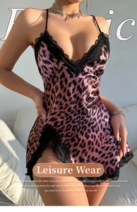 Detail of leopard print nightgown with fine black lace trim and slender straps