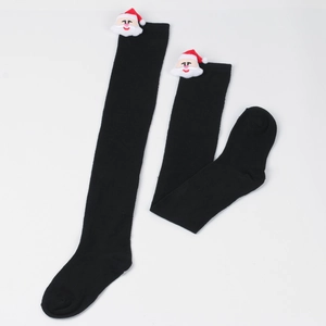 Detail of black over-the-knee socks featuring 3D Santa Claus ornament with ribbed texture