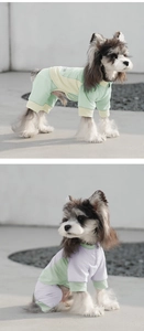 Detail showing two-tone pet jumpsuits with zipper collar and elastic cuffs in outdoor setting