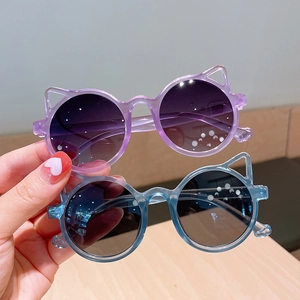 Cute cat ear children's sunglasses set with purple and blue round transparent frames