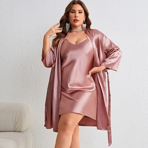 Elegant two-piece satin sleepwear set featuring V-neck slip dress and belted silk robe