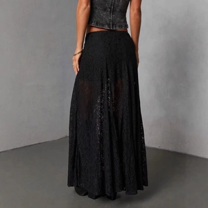 Elegant black lace semi-sheer maxi skirt for women with high waist and modern minimalist style