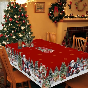 Cozy living room scene with a festive red Christmas tablecloth and holiday patterns