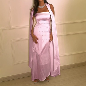 Detailed view of lavender satin off-shoulder evening dress with shawl and crystals