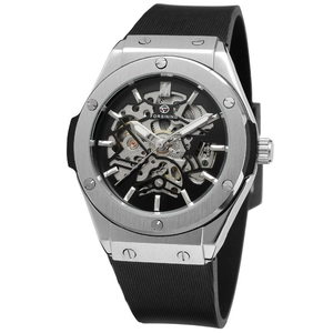 Silver skeleton automatic mechanical watch for men with black textured rubber strap