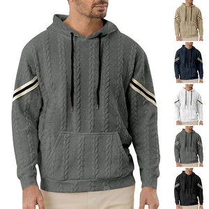 Men Cable Knit Hoodie Jacquard Patchwork Striped Sleeve Drawstring Kangaroo Pocket Casual Lightweight Hooded Sweatshirt