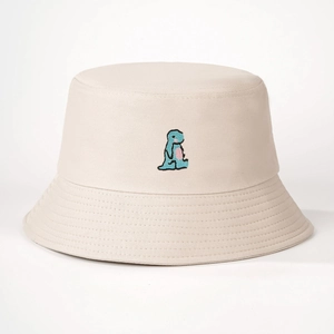 Beige wide brim bucket hat with cute blue dinosaur embroidery for men and women