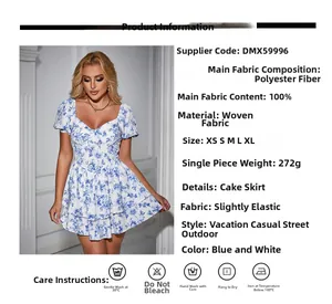 Detail view of floral print mini dress with puff sleeves and tiered skirt details