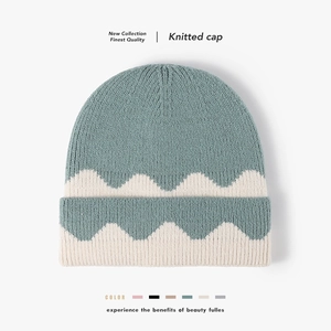 Women Knitted Beanie Hat Faux Rabbit Hair Thick Plush Lined Wave Color Block Warm Winter Cap Fashion Ribbed