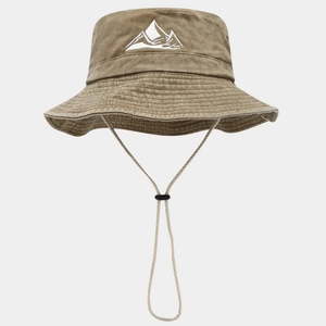 Khaki hiking hat with mountain embroidery, wide brim and adjustable windproof cord