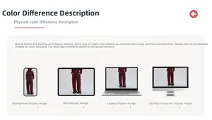 Color display of burgundy tracksuit on smartphone, tablet, laptop and desktop screens