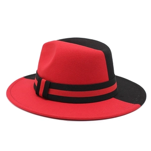 Two-tone black and red wool felt fedora hat with striped band for party fashion