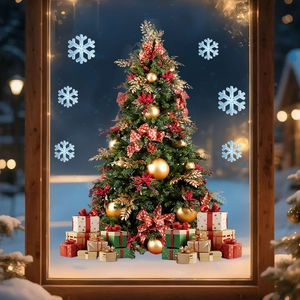 Detail of Christmas tree window stickers with gift boxes and snowflakes on glass
